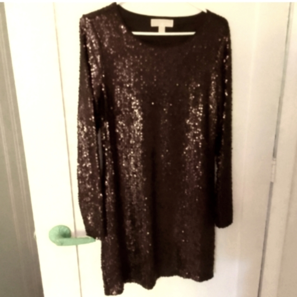 Michael Kors Dark Brown Long Sleeve Sequin Evening Midi Dress In Size Small